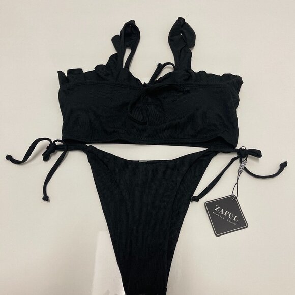 ZAFUL Ribbed Ruffle Keyhole Tie Side Bikini Swimwear - Black M - Picture 2 of 7